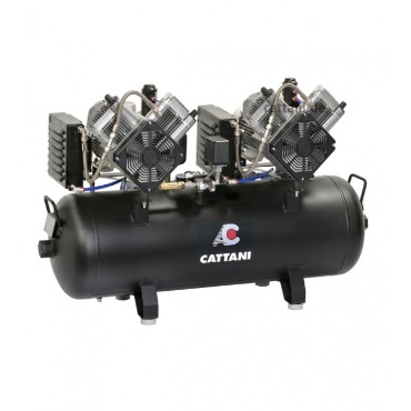Cattani 100-320 - безмасляный компрессор для 5-ти стоматологических установок, 2 мотора по 2 цилиндра, с 2 осушителями, без кожуха, с ресивером 100 л, 320 л/мин
