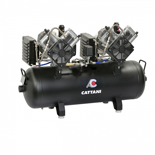 Cattani 100-215 - безмасляный стоматологический компрессор для CAD/CAM, двухцилиндровый, с двумя осушителями, с ресивером 100 л, 215 л/мин