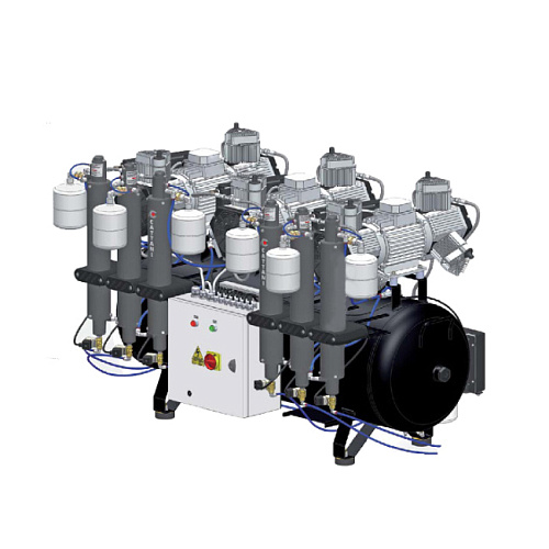 Cattani 300-714 - безмасляный стоматологический компрессор для 12-ти стоматологических установок, с 3 трехцилиндровыми двигателями, c 3 осушителями, с ресивером 300 л, 714 л/мин