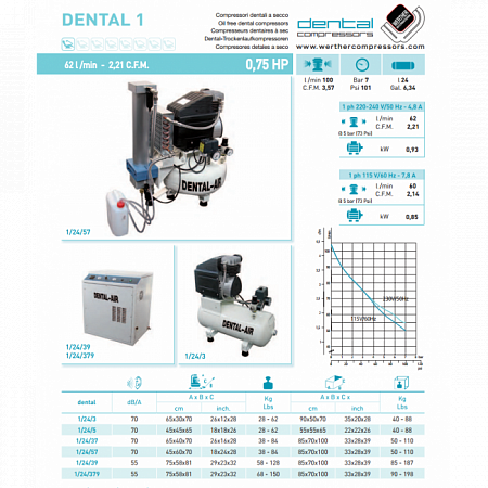 Werther Int. Dental Air 1/24/379-C - безмасляный воздушный компрессор с дополнительным звукоизолирующим сборным кожухом (100 л/мин) на 1 установку