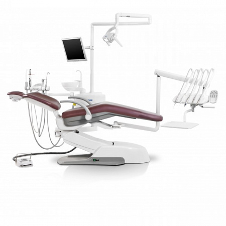 Siger U500 - стоматологическая установка с верхней подачей инструментов, с электромеханическим креслом и креплением блока на шарнире под креслом